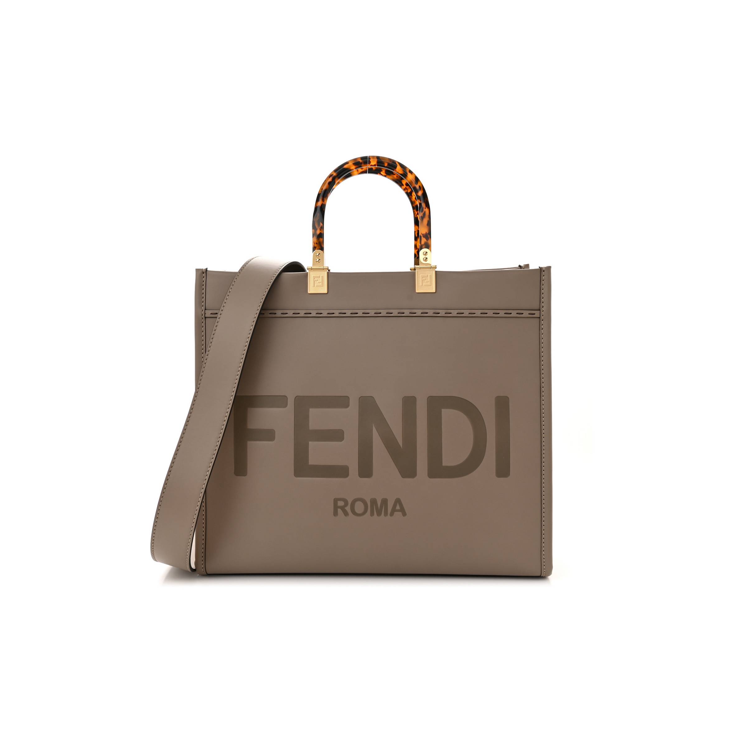 FENDI VITELLO KING PLEXIGLASS LOGO EMBOSSED MEDIUM FENDI SUNSHINE SHOPPER TOTE TORTORA (36*30*15cm)