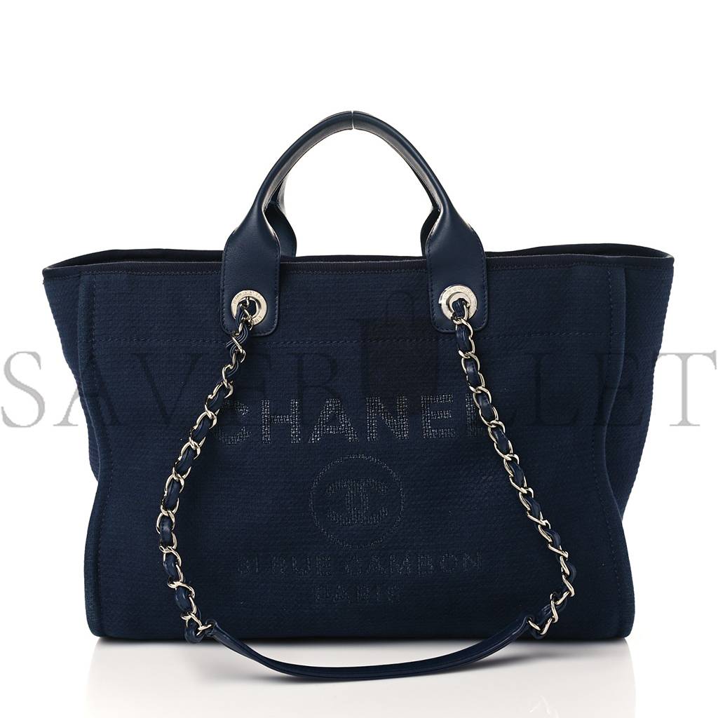 CHANEL MIXED FIBERS CALFSKIN MEDIUM DEAUVILLE TOTE NAVY BLUE (38*29*23cm)