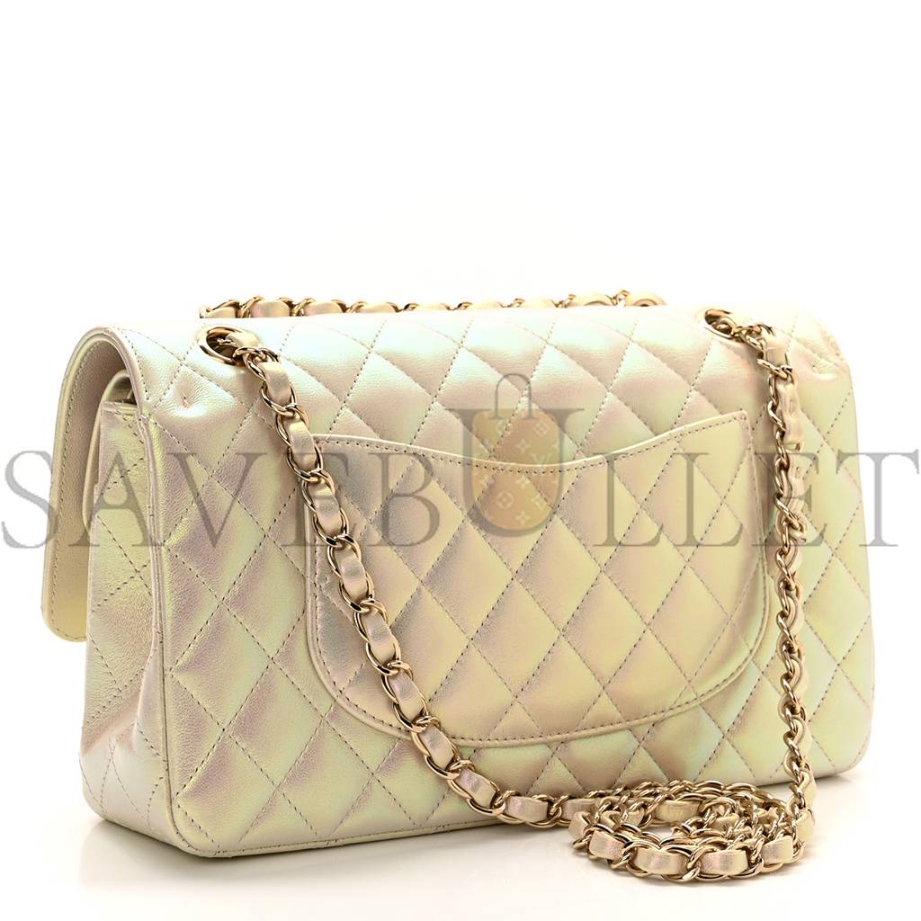 CHANEL IRIDESCENT LAMBSKIN QUILTED MEDIUM DOUBLE FLAP IVORY ROSE GOLD HARDWARE (25*15*6cm)