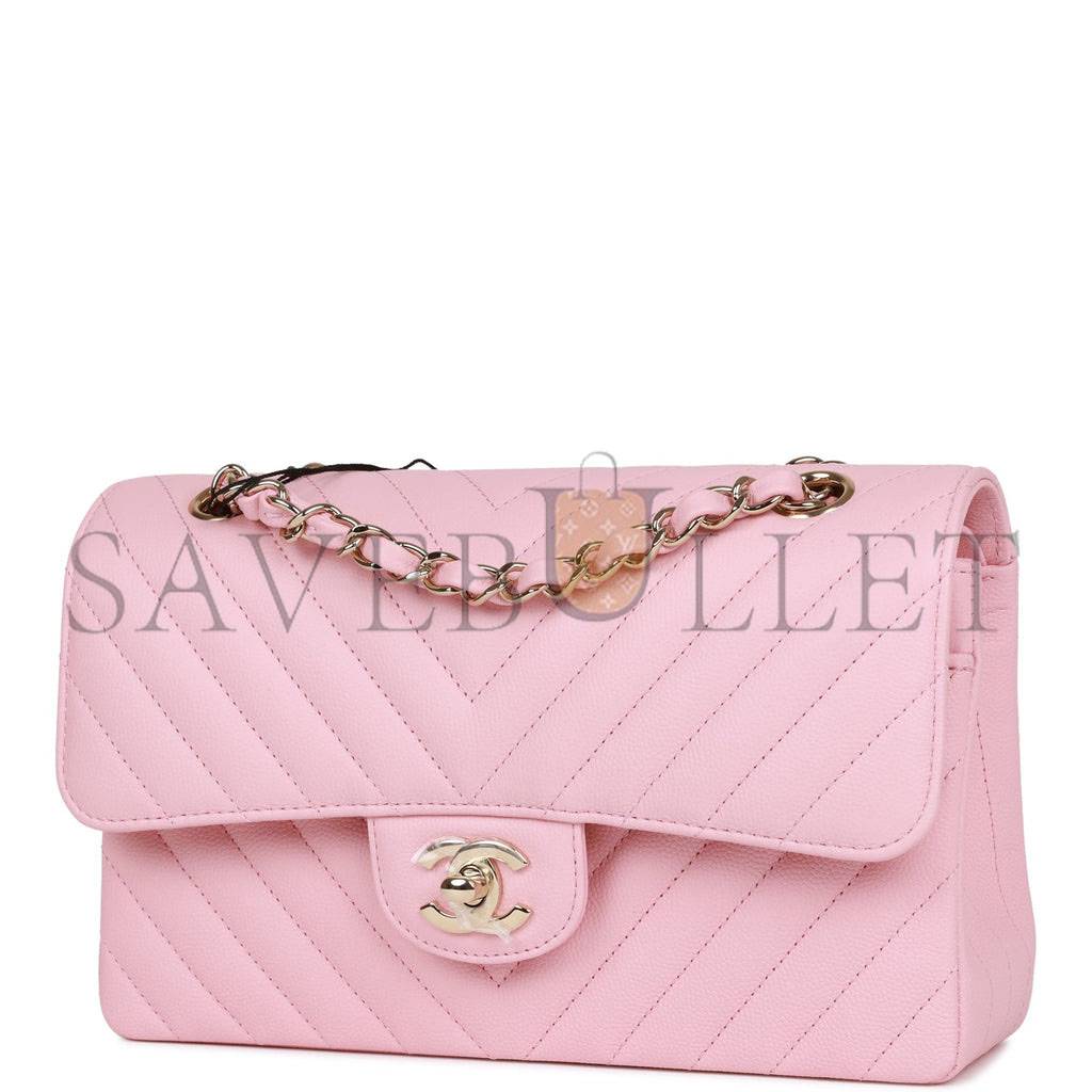 CHANEL SMALL CHEVRON CLASSIC DOUBLE FLAP PINK CALFSKIN LIGHT GOLD HARDWARE (23*13*6cm)