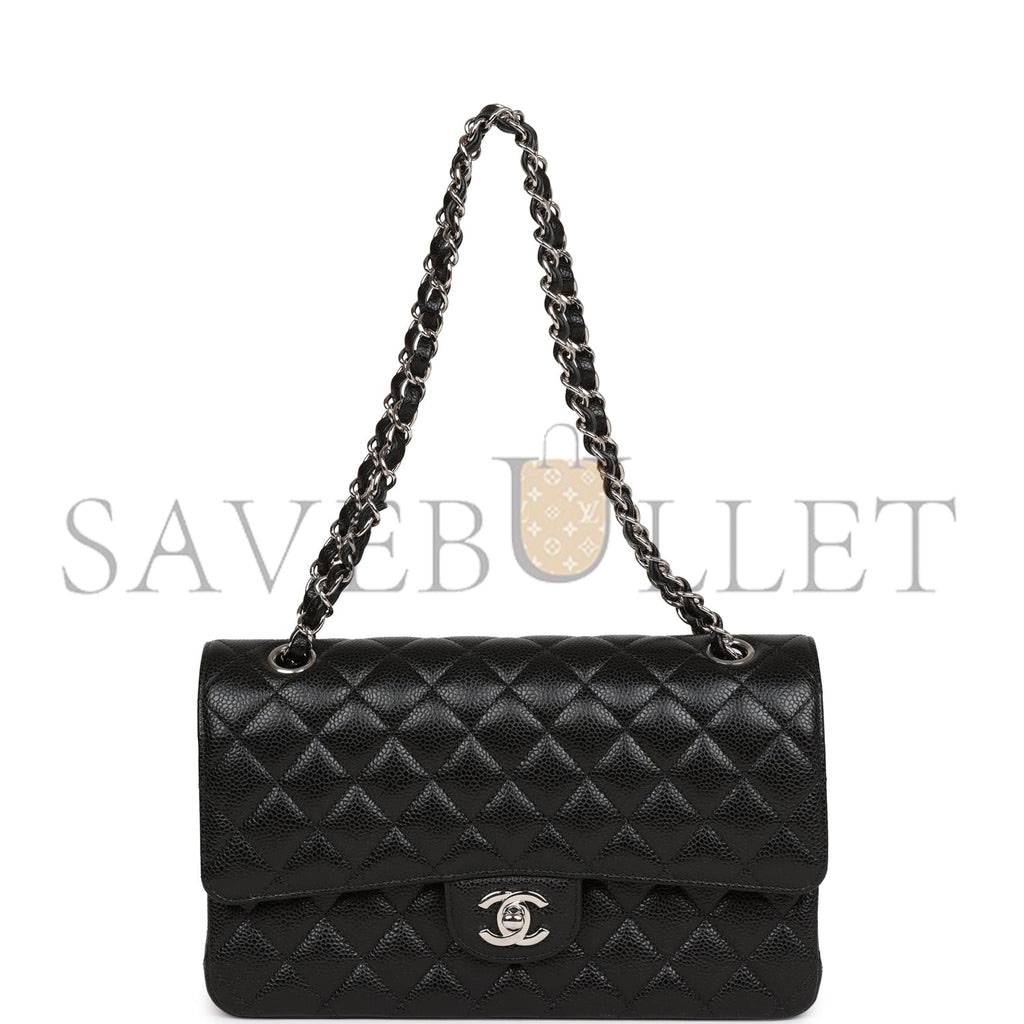 CHANEL MEDIUM CLASSIC DOUBLE FLAP BAG BLACK QUILTED CAVIAR SILVER HARDWARE (25*15*7cm)