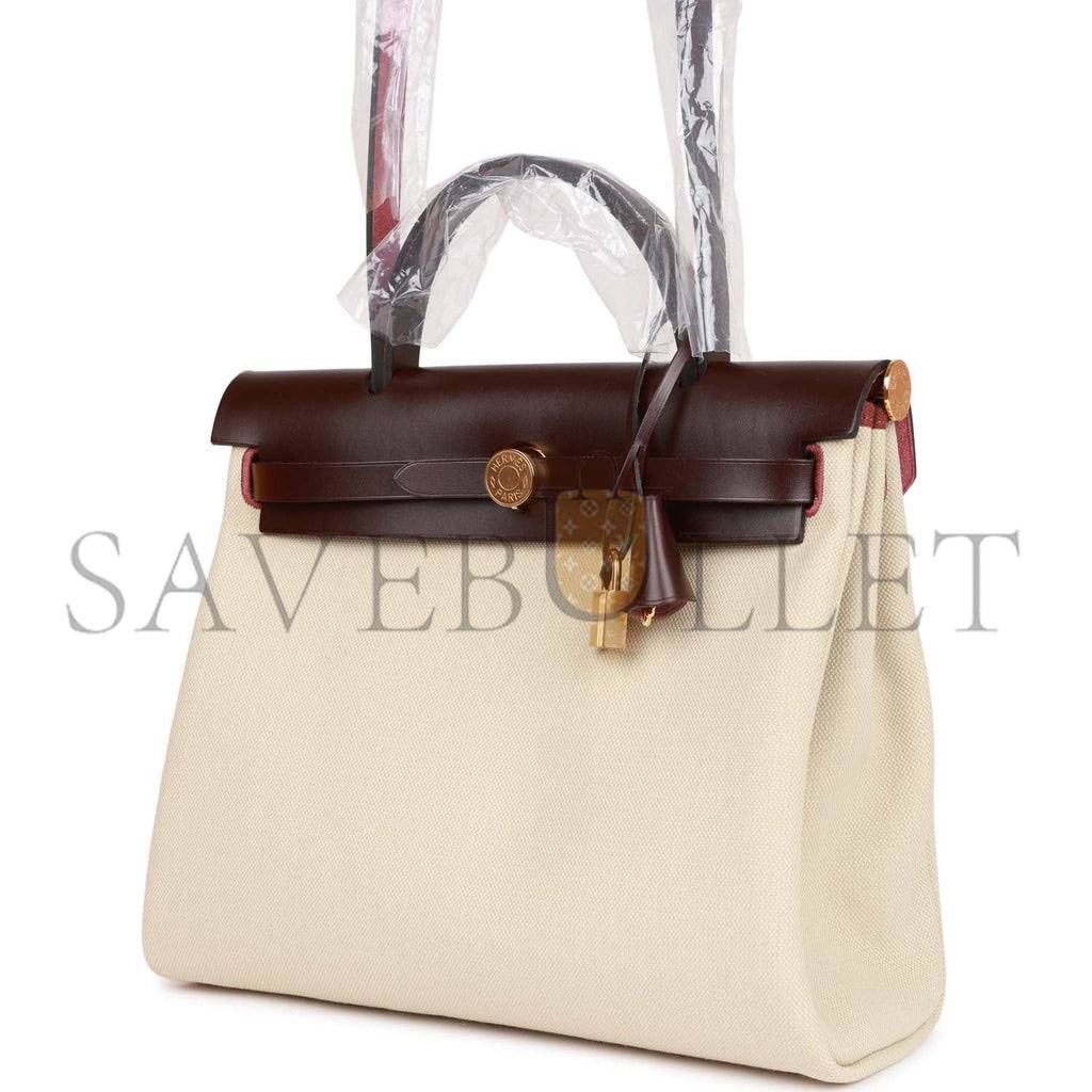 HERMES HERBAG ZIP PM 31 BETON TOILE H BERLINE ROUGE SELLIER HUNTER GOLD HARDWARE (30*27*11cm)