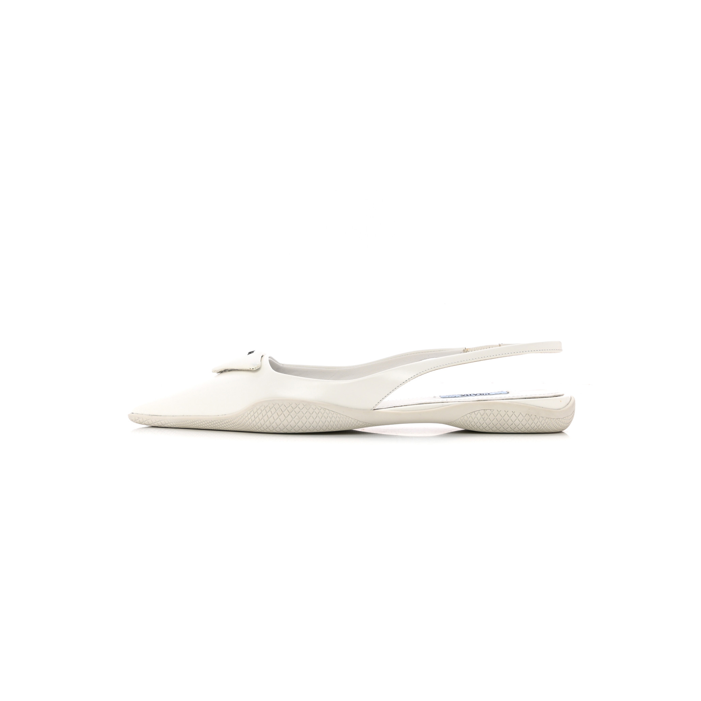 PRADA SPAZZOLATO TRIANGLE LOGO POINTED TOE SLINGBACK FLATS 37 WHITE