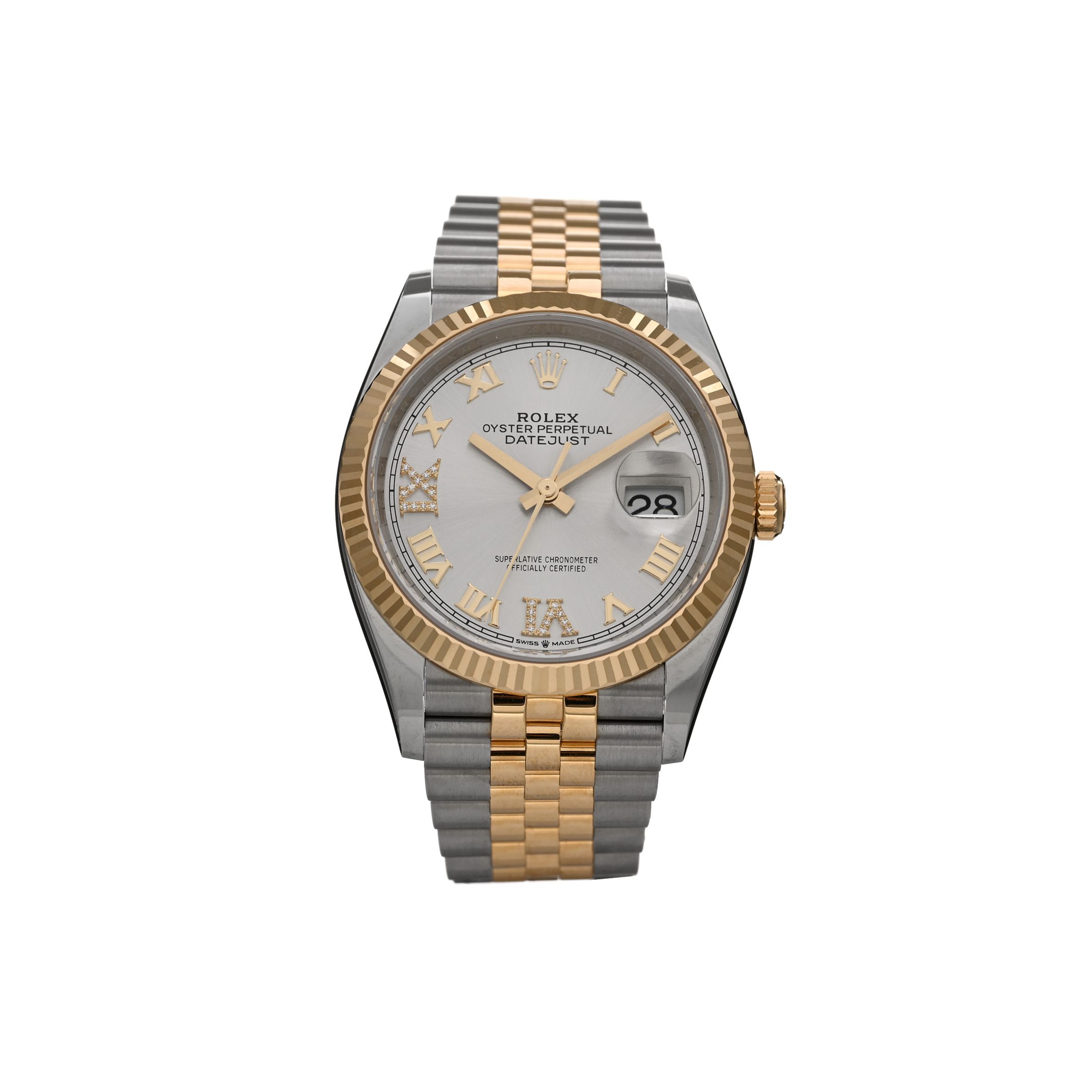 ROLEX STAINLESS STEEL 18K YELLOW GOLD DIAMOND 36MM OYSTER PERPETUAL DATEJUST WATCH SILVER ROMAN 126233