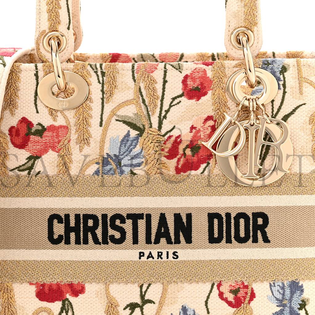 DIOR CANVAS EMBROIDERED HIBISCUS PRINTED MEDIUM LADY D-LITE BEIGE MULTICOLOR (23*20*11.4cm)